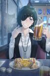  2girls bangs beer_mug black_hair black_jacket blue_eyes blush burger chainsaw_man collared_shirt commentary cup diner english_commentary eyepatch fiona_frost food french_fries hair_over_one_eye highres himeno_(chainsaw_man) holding holding_cup jacket jewelry looking_at_viewer mug multiple_girls necklace parted_lips plate popped_collar rain rappa shirt short_hair smile spy_x_family white_hair white_shirt 