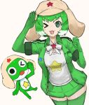  1girl adeshi_(adeshi0693119) black_eyes bow bowtie elbow_gloves frog gloves green_hair hat highres jacket kemono_friends kemono_friends_3 keroro keroro_(kemono_friends) keroro_gunsou looking_at_viewer multicolored_hair one_eye_closed open_mouth shirt short_hair simple_background skirt socks star_(symbol) thighhighs two-tone_hair white_hair 
