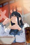  1girl animal_ears bangs black_hair bowl breasts chopsticks closed_eyes condensation cup drinking_glass drinking_straw eating food glasses highres holding holding_chopsticks holding_spoon horse_ears large_breasts long_hair long_sleeves noodles original ramen sadkoe sailor_collar school_uniform serafuku soda solo soup spoon upper_body 