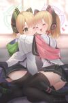  2girls :d ^_^ animal_ear_headphones animal_ears ass black_skirt black_thighhighs blonde_hair blue_archive bow cat_ear_headphones cheek-to-cheek closed_eyes closed_mouth commentary_request fake_animal_ears green_eyes hair_bow halo headphones heads_together heart hug jacket long_sleeves midori_(blue_archive) momoi_(blue_archive) mujinbensin multiple_girls one_eye_closed panties red_bow short_hair siblings sisters skirt smile tail thighhighs twins underwear white_jacket white_panties 
