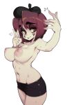  1girl absurdres bangs beret black_headwear breasts closed_mouth facial_mark hat heart highres large_areolae large_breasts looking_at_viewer mime navel nipples original puffy_nipples red_eyes red_hair short_hair simple_background slugbox solo sweat topless v white_background 