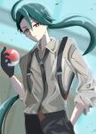  1girl bangs black_gloves black_necktie black_pants blurry blurry_background bright_pupils brown_eyes buttons collared_shirt commentary earrings floating_hair gloves green_hair hair_between_eyes hand_in_pocket hand_up holding holding_poke_ball jewelry kiraki_yuu long_hair necktie pants parted_lips poke_ball poke_ball_(basic) pokemon pokemon_(game) pokemon_sv ponytail rika_(pokemon) shirt solo suspenders white_pupils 