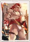  1boy apron apron_lift aussummer bara body_markings bulge chocolate chocolate_on_body chocolate_on_face chocolate_on_legs copyright_name food food_on_body food_on_face food_on_legs fundoshi granblue_fantasy highres japanese_clothes large_pectorals long_hair male_focus multicolored_hair muscular muscular_male nipples official_alternate_costume pectorals red_apron red_hair solo thick_thighs thighs two-tone_hair white_hair wilnas_(granblue_fantasy) 