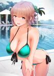  1girl bangs bare_shoulders bikini blush breasts brown_eyes cleavage collarbone green_bikini highres large_breasts light_brown_hair looking_at_viewer nanahime open_mouth original pool short_hair smile solo swimsuit thighs 