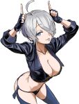  1girl ahoge angel_(kof) blue_eyes boots breasts chaps cleavage cropped_jacket fingerless_gloves gloves hair_over_one_eye highres jacket large_breasts leather leather_jacket looking_at_viewer midriff nakahara_kaihei open_mouth panties short_hair solo the_king_of_fighters underwear white_hair 