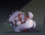  1girl animal_ears anus anus_peek arms_behind_back ass body_fur body_markings breasts from_side furry furry_female grey_fur highres kindred_(league_of_legends) lamb_(league_of_legends) league_of_legends long_hair mask nude prostration rope sheep_ears sheep_girl sheep_tail shibari shiny_skin solo tail zinnick 