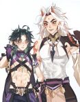  2boys abs ahoge arataki_itto arm_up bangs bare_shoulders bead_necklace beads belt black_hair blush closed_mouth eyelashes eyeshadow facial_mark genshin_impact ggelus green_hair highres horns jacket jewelry looking_at_another makeup male_focus mandarin_collar multicolored_hair multiple_boys muscular narrow_waist navel necklace open_clothes open_mouth parted_bangs pointy_ears red_eyes scar scar_on_stomach shirt simple_background sleeveless sleeveless_shirt standing tassel tattoo teeth upper_teeth_only white_background white_hair xiao_(genshin_impact) yellow_eyes 