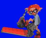  1girl blue_background dynamo_roller_(splatoon) glasses grimace holding inkling inkling_girl looking_at_viewer paint_roller pointy_ears shoes short_hair simple_background splat_roller_(splatoon) splatoon_(series) squid tentacle_hair tongue tongue_out 