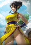  1girl absurdres arm_at_side artist_logo artist_name bangs bare_shoulders black_eyes black_hair blue_sky breasts cameltoe chi-chi_(dragon_ball) china_dress chinese_clothes closed_mouth cloud covered_nipples crop_top crop_top_overhang dragon_ball dragon_ball_z dress earrings elite_nappa eyelashes hair_bun hand_on_hip highres house jewelry large_breasts legs_apart looking_at_viewer outdoors panties pointy_nose sash see-through_silhouette serious side_slit sidelocks sky sleeveless solo standing tented_shirt tree underwear v-shaped_eyebrows white_panties yellow_dress 