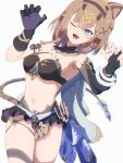  1girl :d animal_ears asymmetrical_gloves bangs bikini bikini_top_only black_bikini black_gloves black_shorts blue_eyes breasts brown_hair cat_ears cat_girl cat_tail claw_pose cleavage fingerless_gloves fingernails fopasu gloves headband honkai_(series) honkai_impact_3rd looking_at_viewer mismatched_gloves navel open_mouth pardofelis_(honkai_impact) shirt shorts simple_background smile solo stomach swimsuit tail white_background 