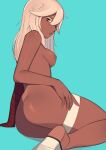  1girl aqua_background ass bandaged_arm bandages bangs blonde_hair breasts brown_eyes commentary dark-skinned_female dark_skin guilty_gear hair_between_eyes highres large_breasts legs long_hair looking_at_viewer nipples no_shoes nude panapana_(pixiv_12562150) parted_lips puffy_nipples ramlethal_valentine red_bandage simple_background sitting soles solo thigh_strap toeless_footwear 