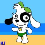  beach blue_background brown_background canada dalmatian dog dog_boy highres male_swimwear non-web_source simple_background standing summer swim_briefs two-tone_background vacation 