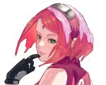  1girl bare_shoulders black_gloves boruto:_naruto_next_generations closed_mouth forehead_jewel gloves green_eyes haruno_sakura headband highres konohagakure_symbol looking_at_viewer looking_back naruto_(series) ninja pink_hair red_shirt shirt short_hair sleeveless sleeveless_shirt smile solo sssiii7610 unfinished upper_body white_background 