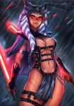  1girl ahsoka_tano alien breasts cleavage dual_wielding glowing glowing_eyes holding holding_lightsaber iahfy looking_at_viewer pelvic_curtain rain red_eyes red_lightsaber revealing_clothes reverse_grip sith solo star_wars togruta 