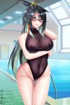  1girl absurdres aqua_eyes arm_under_breasts ass_visible_through_thighs black_eyes black_one-piece_swimsuit blurry blurry_background bodysuit breasts cloud_retainer_(genshin_impact) colored_inner_hair covered_nipples cowboy_shot ddg3420 genshin_impact glasses grin hair_ornament highleg highleg_swimsuit highres indoors large_breasts long_hair looking_at_viewer mature_female multicolored_hair one-piece_swimsuit parted_lips ponytail pool red-framed_eyewear semi-rimless_eyewear smile solo swimsuit thigh_gap tsurime turtleneck_swimsuit under-rim_eyewear wide_hips 