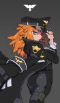  1girl aniwars armband ass black_armband black_coat black_headwear blitz_(aniwars) coat coat_on_shoulders facing_away green_eyes hat highres long_hair looking_back military military_rank_insignia military_uniform orange_hair peaked_cap ponaners solo uniform 