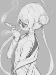  1girl blue_archive breasts china_dress chinese_clothes cigar coat commentary_request double_bun dress gloves greyscale hair_bun halo highres holding holding_cigar kisaki_(blue_archive) long_hair long_sleeves looking_at_viewer monochrome open_clothes open_coat round_eyewear signalviolet simple_background sketch small_breasts smoke smoking solo twintails upper_body very_long_hair 