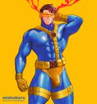  1boy artist_name bara black_hair blue_bodysuit bodysuit bulge covered_abs covered_nipples cyclops_(x-men) gloves highres large_pectorals male_focus marvel muscular muscular_male otokobara patreon_username pectorals short_hair simple_background solo teeth thick_thighs thighs x x-men yellow_background yellow_gloves 