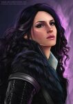  1girl absurdres black_hair black_jacket fur_trim highres jacket long_hair looking_at_viewer mole mole_under_mouth purple_eyes simple_background the_witcher_(series) yarahaddad yennefer_of_vengerberg 