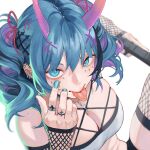  1girl akanbe bare_shoulders blue_eyes blue_hair blue_nails breasts cleavage colored_inner_hair commentary cross cross_necklace ear_piercing earrings facial_tattoo fishnet_gloves fishnet_thighhighs fishnets gloves gun half_gloves highres horns jewelry large_breasts looking_at_viewer multicolored_hair multiple_rings necklace oni_horns original piercing pink_hair ring sadkoe simple_background solo symbol-only_commentary tattoo thighhighs tongue tongue_out twintails weapon white_background 
