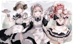  3girls ;d alternate_costume apron blush center_frills cup dress duster enmaided frills gocoli hair_ribbon hat highres holding holding_tray idolmaster idolmaster_shiny_colors juliet_sleeves komiya_kaho layered_dress long_sleeves looking_at_viewer maid maid_headdress mob_cap multiple_girls nanakusa_nichika official_alternate_costume one_eye_closed petticoat pinafore_dress puffy_short_sleeves puffy_sleeves ribbon serizawa_asahi short_sleeves short_twintails smile teacup teapot tray twintails white_apron wrist_cuffs 