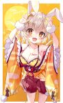  +_+ 1girl 2023 :3 :d animal_ears animal_print armpits blush breasts bunny_pose bunny_print cleavage commentary_request crescent crescent_hair_ornament flower_knight_girl fur_bracelet hair_between_eyes hair_ornament large_breasts light_brown_hair long_sleeves looking_at_viewer orange_background orange_eyes piyoyanagi rabbit_ears short_hair smile solo twitter_username usagi_no_ou_(flower_knight_girl) 