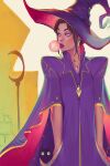  1girl alderion-al brown_hair bubble_blowing cape cat commentary dress earrings hands_in_pockets hat highres jewelry lips looking_to_the_side necklace original purple_cape purple_dress purple_lips sidelocks solo two-sided_cape two-sided_fabric witch_hat yellow_eyes 