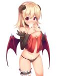 1girl babydoll bangs black_panties black_sleeves blonde_hair blush bow bow_panties breasts bridal_garter brown_horns cleavage commentary_request covering_mouth cowboy_shot curled_horns demon_girl demon_wings detached_sleeves embarrassed gameplay_mechanics horns long_hair looking_at_viewer love_letter medium_breasts navel panties ragnarok_online red_babydoll red_bow red_eyes red_wings simple_background solo succubus_(ragnarok_online) supershiruco underwear white_background wings 