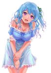  1girl absurdres bang_dream! blue_dress blue_hair breasts cleavage dress elocca green_ribbon highres hunched_over large_breasts light_blue_hair long_hair looking_down matsubara_kanon one_side_up open_mouth purple_eyes ribbon 