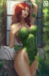  1girl absurdres breasts cleavage dc_comics green_eyes highres leaf leotard long_hair looking_at_viewer nopeys orange_hair outdoors poison_ivy solo window 