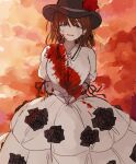  1girl absurdres arms_behind_back black_flower black_headwear black_rose blood blood_on_clothes blood_on_face blue_eyes braid brown_hair charlotte_corday_(fate) crying dress fate/grand_order fate_(series) flower hat highres noyuu red_flower red_rose rose sad sad_smile short_hair simple_background solo top_hat white_dress 