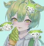  :3 blush chiikawa closed_eyes commentary creature_and_personification crying food food_on_face green_background green_eyes green_hair green_suspenders grey_hoodie hair_between_eyes hand_up highres holding holding_food holding_ice_cream hood hood_down hoodie ice_cream ice_cream_cone ice_cream_cone_spill ice_cream_on_face kira_(kila_666) light_blush open_mouth parody sidelocks tears tongue tongue_out voiceroid voicevox zundamon 
