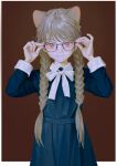  1girl adjusting_eyewear animal_ear_fluff animal_ears blue_dress border bow bowtie braid brown_background cat_ears cat_girl collared_dress cowboy_shot dress extra_ears feiqizi_(fkey) fkey glasses grey_hair hands_up highres long_hair looking_at_viewer original red_eyes smile solo straight-on twin_braids white_border white_bow white_bowtie 