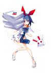  1girl absurdres alternate_costume bangs blue_hair disgaea domino&#039;s_pizza food full_body highres inktober looking_at_viewer makai_senki_disgaea nanozenzen pizza pizza_box pizza_slice pleinair pointy_ears rabbit red_eyes ribbon short_hair simple_background solo usagi-san white_background 