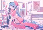  1girl aqua_eyes aqua_hair bandaged_arm bandages bandaid_on_wrist boots breasts diagram full_body hair_between_eyes hat hatsune_miku highres holding holding_syringe infirmary intravenous_drip koiiro_byoutou_(vocaloid) long_hair looking_at_viewer nurse nurse_cap open_mouth pill pill_bottle pink_headwear pink_shirt pink_theme red_footwear renzhi00334233 scissors shirt short_sleeves sitting small_breasts smile solo stethoscope syringe thermometer thigh_boots twintails vocaloid 