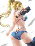  1girl absurdres artist_name ass ass_cutout back bangs bikini blonde_hair blue_bikini blue_eyes breasts clear_glass_(mildmild1311) closed_mouth clothing_cutout commentary_request from_behind highres holding holding_weapon lips long_hair long_sleeves looking_at_viewer looking_back medium_breasts metroid paralyzer ponytail samus_aran shiny_clothes sideboob signature simple_background skin_tight solo swimsuit weapon white_background 