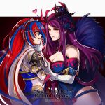  2girls alear_(female)_(fire_emblem) alear_(fire_emblem) bangs bare_shoulders blue_eyes blue_hair braid breasts cleavage couple crossed_bangs crown_braid dress elbow_gloves fire_emblem fire_emblem_engage gloves gzei heart heterochromia highres ivy_(fire_emblem) jewelry large_breasts long_hair mole mole_under_mouth multicolored_hair multiple_girls purple_eyes purple_hair red_eyes red_hair smile split-color_hair two-tone_hair very_long_hair white_gloves yuri 