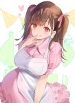  1girl :q absurdres alternate_costume apron bangs blush breasts brown_hair collared_dress dress enmaided hair_ribbon highres hiiragiragnarok idolmaster idolmaster_shiny_colors large_breasts licking_lips looking_at_viewer maid pink_dress puffy_short_sleeves puffy_sleeves red_eyes ribbon shirt short_sleeves smile solo sonoda_chiyoko striped striped_shirt tongue tongue_out twintails vertical-striped_shirt vertical_stripes white_apron 