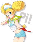  afro_puffs aikatsu! aikatsu!_(series) baton blonde_hair blowing_whistle blue_eyes blue_neckerchief blue_shorts blush eyelashes hat holding holding_whistle navel neckerchief saegusa_kii sailor_hat shiman short_shorts short_sleeves shorts whistle whistle_around_neck white_headwear 