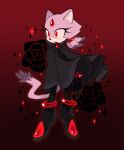  1girl black_cape black_coat black_flower black_rose blaze_the_cat blood blood_on_face bracelet cape closed_mouth coat fang fang_out flower forehead_jewel full_body furry furry_female gradient_background highres jewelry kiioki11 red_eyes rose simple_background solo sonic_(series) vampire 