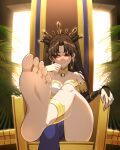  1girl absurdres anklet armlet bangs barefoot bikini black_thighhighs bracelet breasts brown_hair detached_sleeves duplicate earrings fate/grand_order fate_(series) feet foot_focus foreshortening gold_trim hair_ribbon highres hoop_earrings hyperbudd ishtar_(fate) jewelry legs long_hair looking_to_the_side medium_breasts mismatched_bikini neck_ring parted_bangs pixel-perfect_duplicate presenting_foot red_eyes ribbon single_detached_sleeve single_thighhigh sitting soles solo swimsuit thighhighs thighlet throne tiara toes two_side_up 