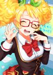  1girl afro_puffs aikatsu! aikatsu!_(series) blush bow closed_eyes crumpled_paper embarrassed eyelashes glasses green_bow long_sleeves ok_sign open_mouth paper red-framed_eyewear red_bow saegusa_kii school_uniform shiman solo teeth 