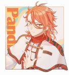  1boy bangs braid capelet character_name closed_mouth crossed_bangs earrings fire_emblem fire_emblem_engage grey_capelet hair_between_eyes hand_on_own_chest highres jewelry long_sleeves male_focus multicolored_capelet orange_hair outline pandreo_(fire_emblem) red_capelet saku_ra460 short_hair solo upper_body white_capelet white_outline yellow_eyes 