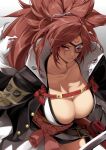  1girl absurdres amputee baiken big_hair black_jacket black_kimono breasts cleavage eyepatch from_above guilty_gear guilty_gear_strive highres jacket jacket_on_shoulders japanese_clothes kataginu kimono large_breasts multicolored_clothes multicolored_kimono one-eyed open_clothes open_kimono pink_hair ponytail red_eyes samurai sash scar scar_across_eye scar_on_face solo takagi_mitsukuni white_kimono 