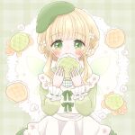  1girl animal bangs beret blonde_hair blush braid bread collared_dress cream dress eating flower food frilled_sleeves frills green_eyes hair_flower hair_ornament hat highres hiiragi_hinana holding holding_food looking_at_viewer melon_bread original pinafore_dress ribbon ribbon-trimmed_sleeves ribbon_trim sleeve_cuffs smile solo turtle updo 