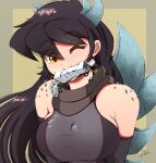  1girl biting black_hair breasts brown_eyes giant giantess godzilla_(series) ground_vehicle kaijuu large_breasts long_hair monster_girl motor_vehicle mouth_hold one_eye_closed personification raps_(yohomeboyraps) semi_truck size_difference solo_focus trailer truck turtleneck zilla 