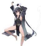  1girl arms_up bangs bare_legs barefoot black_coat black_dress black_eyes black_gloves black_hair blue_archive breasts butterfly_hair_ornament china_dress chinese_clothes coat double_bun dress feet foot_out_of_frame gloves hair_bun hair_ornament half_gloves halo kisaki_(blue_archive) legs long_hair long_sleeves looking_at_viewer nori_tamahana pelvic_curtain side_slit sleeveless sleeveless_dress small_breasts solo toes turtleneck 