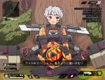  1girl animification apex_legends bodysuit brown_eyes death_box_(apex_legends) gloves grey_hair havoc_energy_rifle head_tilt headwear_removed health_bar helmet helmet_removed highres horizon_(apex_legends) indian_style jetpack kings_canyon looking_up missile_pod nojima_minami open_mouth orange_bodysuit orange_gloves short_hair silhouette sitting solo subtitled thermite_grenade translation_request valkyrie_(apex_legends) wraith_(apex_legends) 