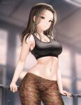  1girl bare_arms bare_shoulders blurry blurry_background breasts brown_eyes brown_hair camouflage camouflage_pants cleavage commentary cowboy_shot crop_top forehead gigamessy highres large_breasts leggings long_hair looking_at_viewer midriff navel original pants parted_lips solo standing stomach thighs 