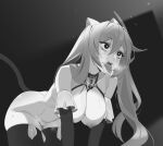  1girl all_fours ass bangs bare_shoulders braid breasts cleavage collar condom cone_hair_bun crawling double_bun fake_tail genshin_impact greyscale hair_bun hair_ears heart heart-shaped_pupils highres implied_anal keqing_(genshin_impact) large_breasts long_hair monochrome nipples open_mouth pixxel purple_hair pussy pussy_juice solo swept_bangs symbol-shaped_pupils tail thighhighs twintails used_condom 